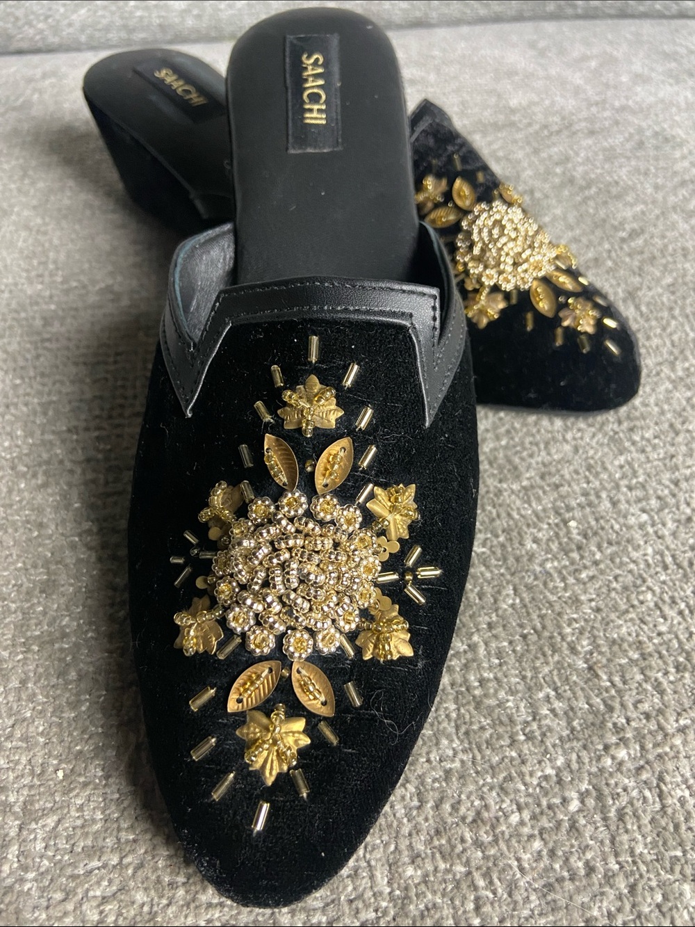 SACHI Black Velvet Mules with Gold Bead Embellishment